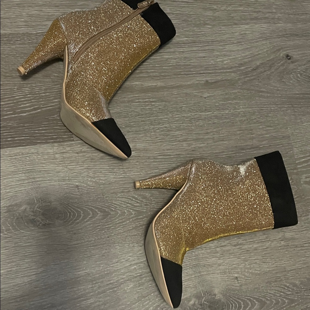 Women’s Elegant Gold Glitter and Black Faux Velvet Ankle Boots - Picture 4 of 6